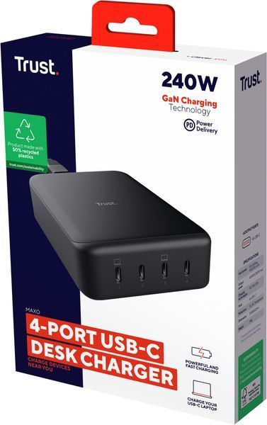 Зарядний пристрій мережевий Trust Maxo 240Вт,GaN, 4xUSB-C,PD, чорний 25413_TRUST фото