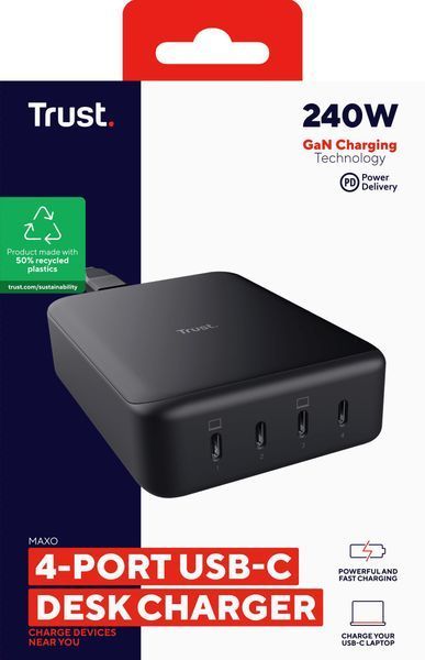 Зарядний пристрій мережевий Trust Maxo 240Вт,GaN, 4xUSB-C,PD, чорний 25413_TRUST фото