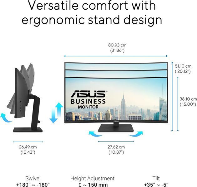 Монітор Asus 34" VA34VCPSR HDMI, DP, USB-C, 3xUSB, RJ-45, MM, VA, 3440x1440, 21:9, 100Hz, 4ms, CURVED, AdaptiveSync, HAS 90LM08JJ-B02170 фото