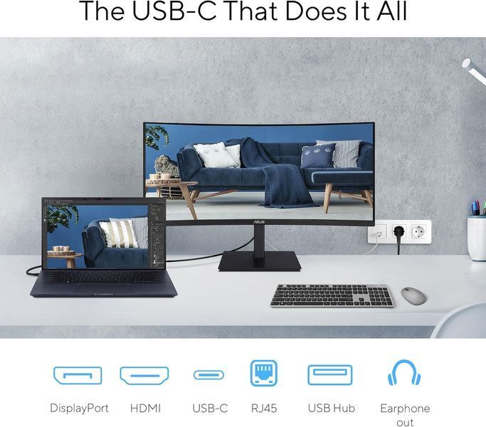 Монітор Asus 34" VA34VCPSR HDMI, DP, USB-C, 3xUSB, RJ-45, MM, VA, 3440x1440, 21:9, 100Hz, 4ms, CURVED, AdaptiveSync, HAS 90LM08JJ-B02170 фото