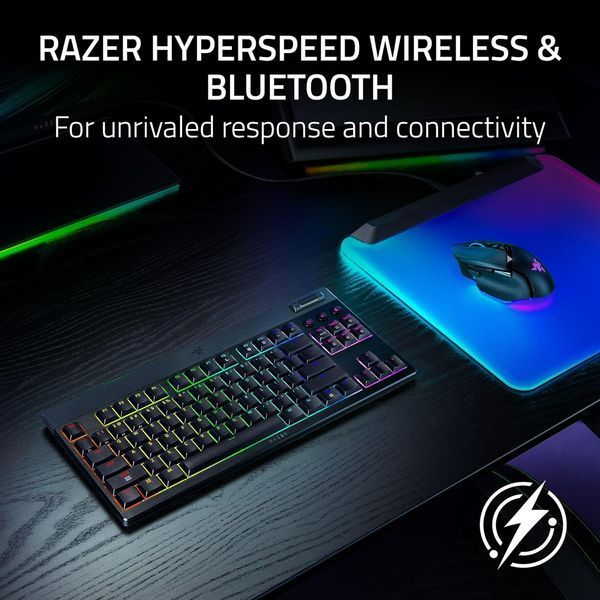 Клавіатура механічна Razer BlackWidow V4 Low-profile TKL HyperSpeed, 87key, Yellow Switch, USB-A/WL/BT, EN, RGB, чорний RZ03-05450100-R3M1 фото