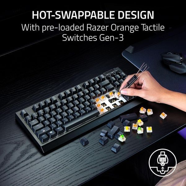 Клавіатура механічна Razer BlackWidow V4 TKL HyperSpeed, 87key, Orange Switch Gen-3, USB-A/WL/BT, EN, RGB, чорний RZ03-05480100-R3M1 фото