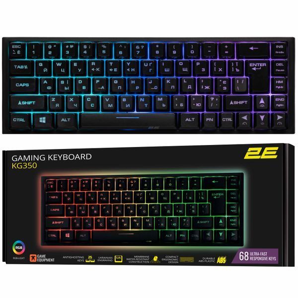 Клавіатура мембранна 2E GAMING KG350 68key, USB-A, EN/UA/RU, RGB, чорний 2E-KG350UBK фото