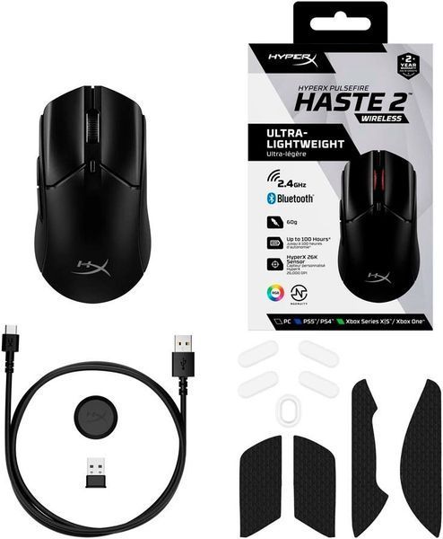 Миша HyperX Pulsefire Haste 2, RGB, USB-A/WL/BT, чорний 6N0B0AA фото