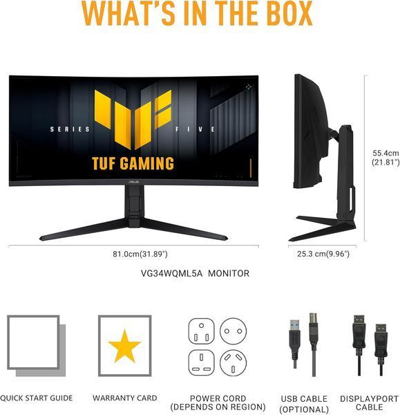 Монітор Asus 34" TUF Gaming VG34WQL5A 2xHDMI, 2xDP, 4xUSB, MM, VA, 3440x1440, 21:9, 200/400Hz, 1ms, sRGB 120%, CURVED, FreeSync, HAS, HDR400 90LM0CI1-B01171 фото