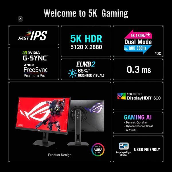Монітор Asus 27" ROG Strix 5K XG27JCG 2xHDMI, DP, USB-C, 3xUSB, IPS, 5120x2880, 180Hz, 0.03ms, DCI-P3 97%, FreeSync, Pivot, HDR600 90LM0CE0-B01371 фото