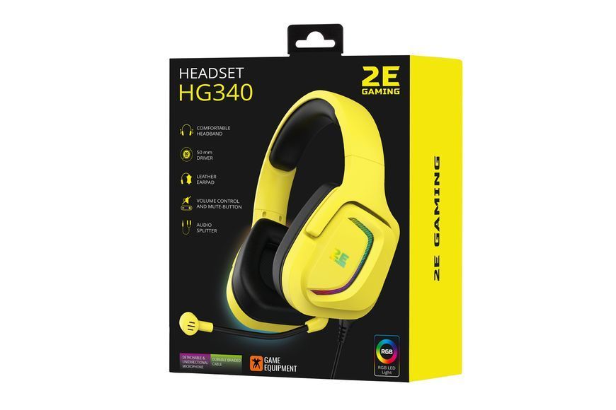 Гарнітура ігрова 2E GAMING HG340, mini-jack/dual 3.5mm, RGB, 2м, жовтий 2E-HG340YW фото